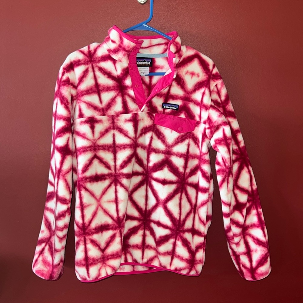 Patagonia Women 's Synchilla Snap Pullover Fleece Diamond Shibori White Pink